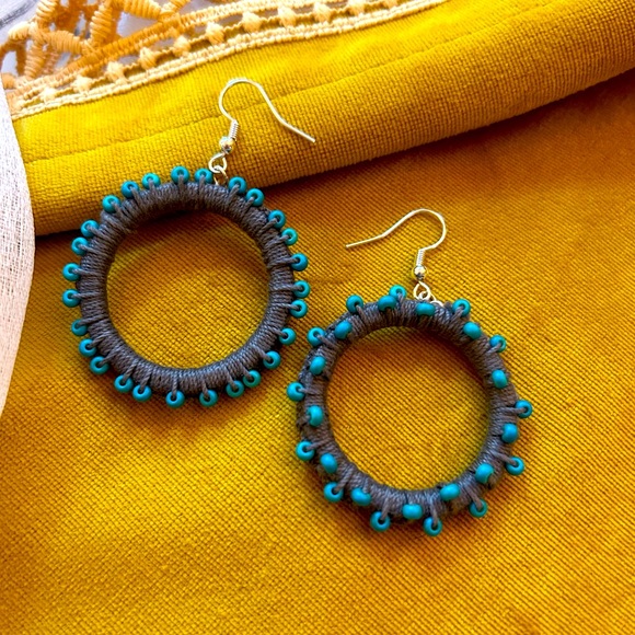 Crocheted Gray and Teal Earrings - Picture 4 of 5